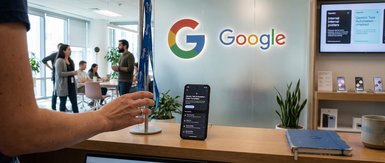 Une personne utilise un smartphone dans les bureaux de Google, avec le logo Google en arrière-plan et un environnement de travail collaboratif.