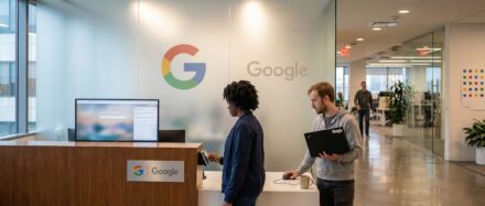 Un aperçu de l'accueil du bureau de Google, avec des employés qui interagissent à la réception, symbolisant la collaboration de l'entreprise avec les éditeurs.
