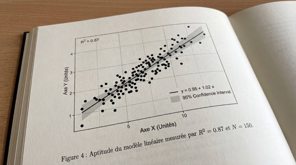 Graphique de régression linéaire montrant la relation entre deux variables avec un intervalle de confiance.
