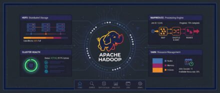 Infographie présentant le logo d'Apache Hadoop et ses principales fonctionnalités comme le stockage distribué et la gestion des ressources.