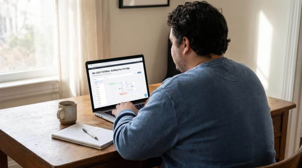 Un homme travaillant sur son ordinateur portable à son bureau, avec une tasse de café à côté.