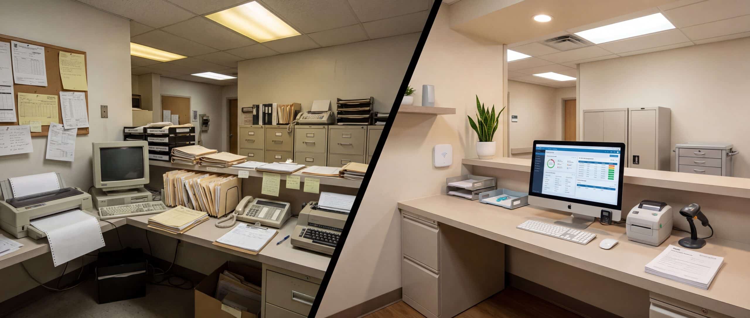 Bureau d'un hôpital moderne avec des équipements technologiques avancés et un environnement de travail organisé.