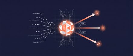 Illustration d'un agent IA avec des connexions graphiques représentant des données et des interactions complexes.