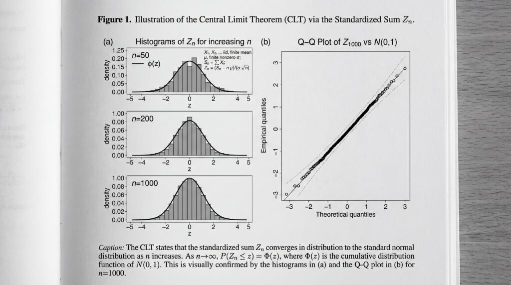 Graphiques montrant les histogrammes et le graphique Q-Q du théorème central limite, illustrant la normalité des sommes standardisées.