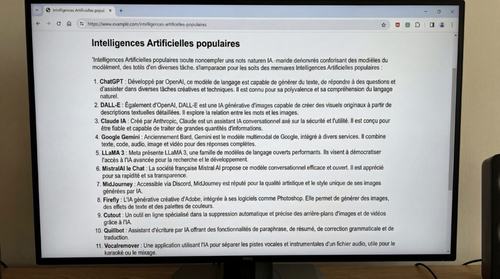 Écran d'ordinateur affichant une liste d'intelligences artificielles populaires.