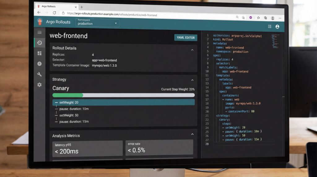 Écran d'ordinateur affichant une interface de développement frontend avec des lignes de code et des métriques de performance.