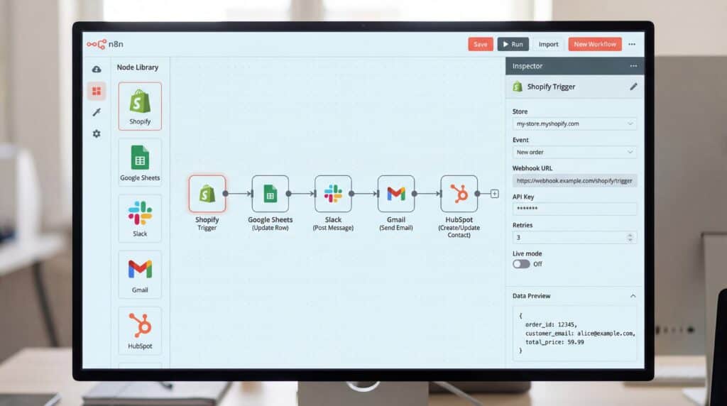 Interface d'un logiciel montrant un processus d'automatisation avec divers outils de gestion et communication.