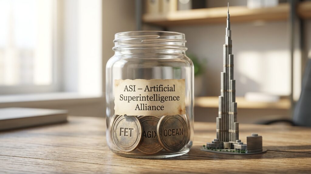 Bocal en verre contenant des pièces de monnaie, avec une inscription sur l'alliance de superintelligence artificielle, et une maquette de Burj Khalifa à côté.