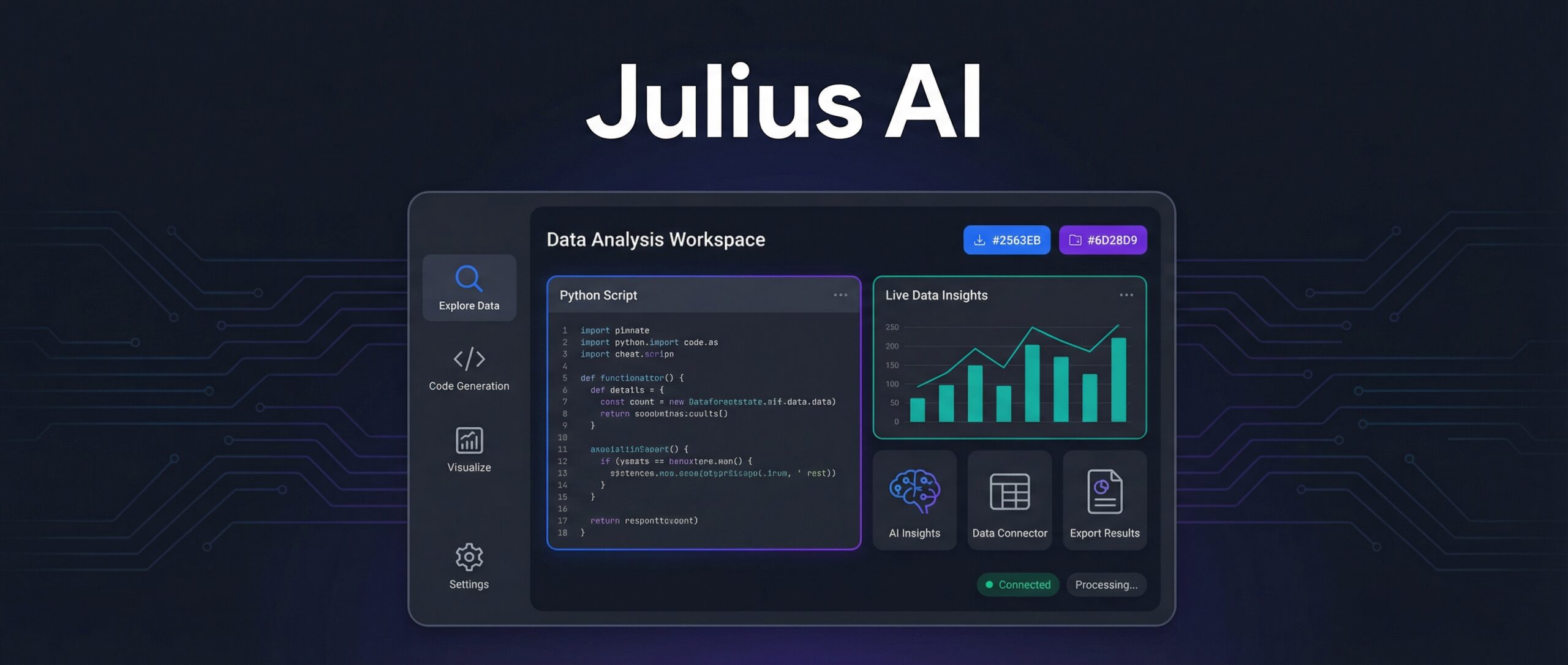 Interface de Julius AI montrant des graphiques et des outils d'analyse de données.