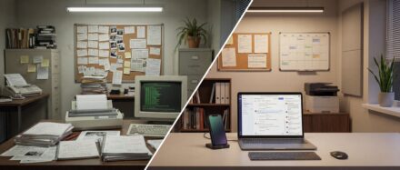 Bureau partagé montrant un ancien ordinateur et des dossiers dans une moitié, et un ordinateur portable moderne avec des notes sur l'autre moitié.