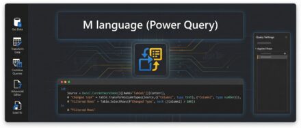 Image illustrant le langage M de Power Query, affichant des éléments graphiques et du code dans une interface utilisateur moderne.