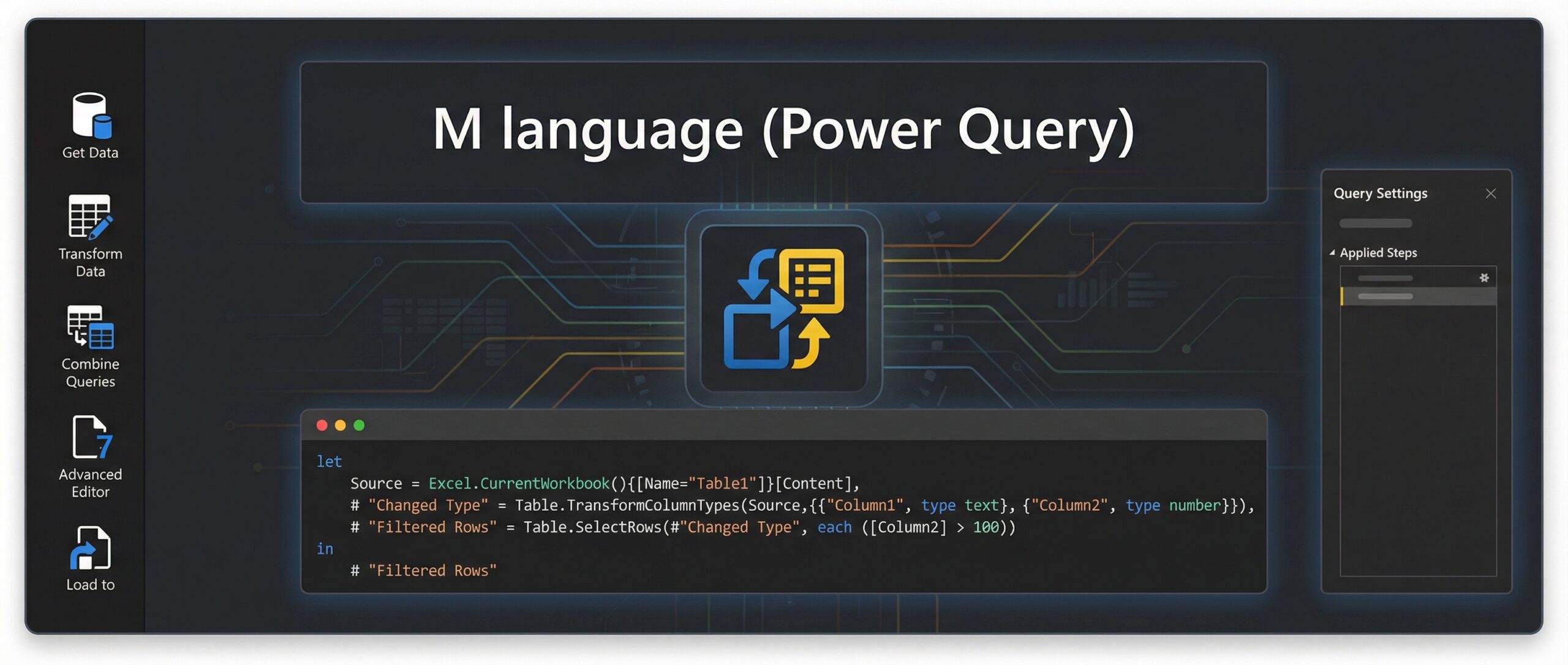 Image illustrant le langage M de Power Query, affichant des éléments graphiques et du code dans une interface utilisateur moderne.