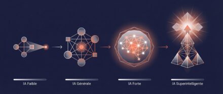 Illustration des quatre types d'intelligence artificielle : IA faible, IA générative, IA forte et IA superintelligente.