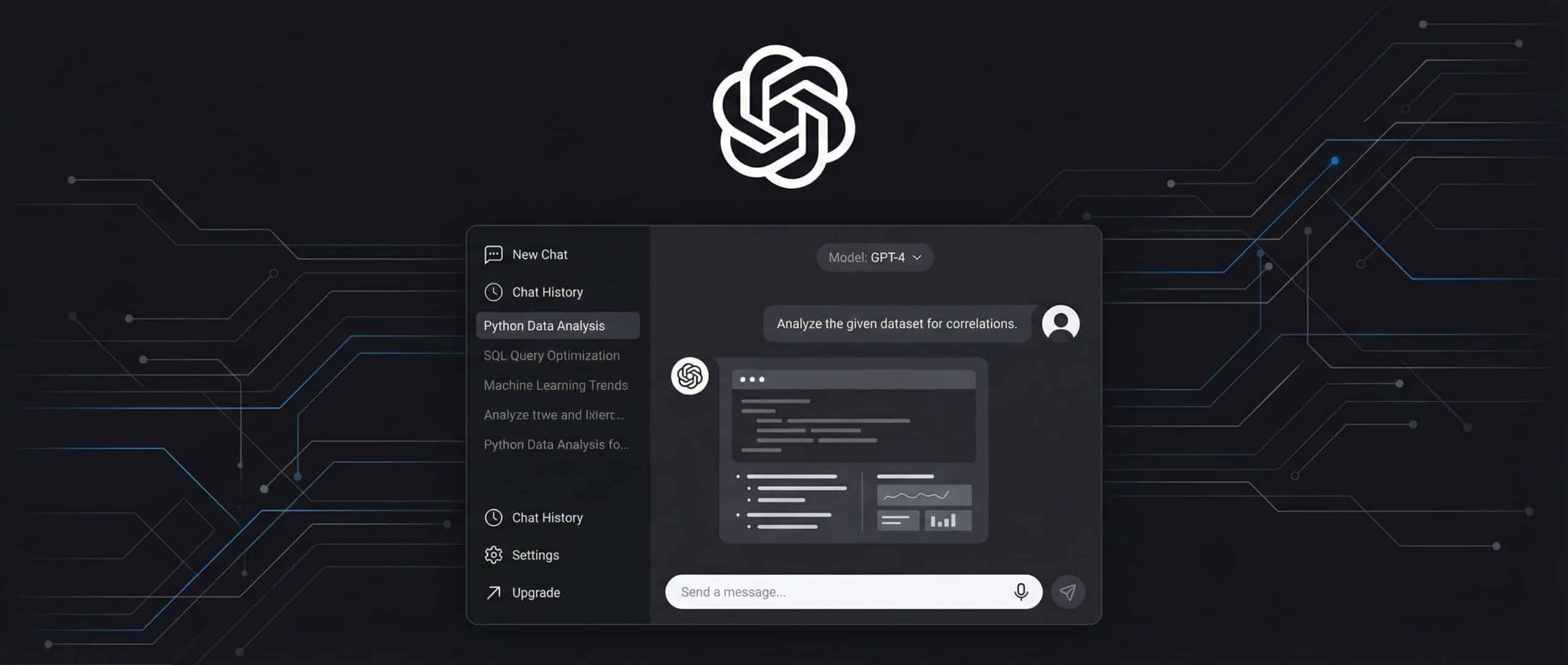 Interface d'une application de chat avec un fond noir et un motif technologique, illustrant les alternatives à ChatGPT.