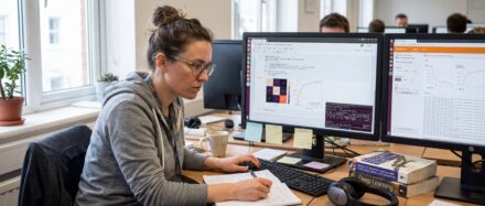 Femme travaillant sur un ordinateur avec plusieurs écrans, prenant des notes sur des formations de Data Scientist.