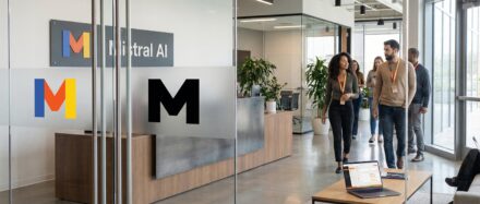 Visiteurs entrant dans le bureau de Mistral AI, leader européen d'intelligence artificielle, avec une décoration moderne.