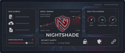 Interface de l'outil Nightshade montrant des alertes de sécurité et des analyses de menaces pour protéger les artistes contre les IA génératives.