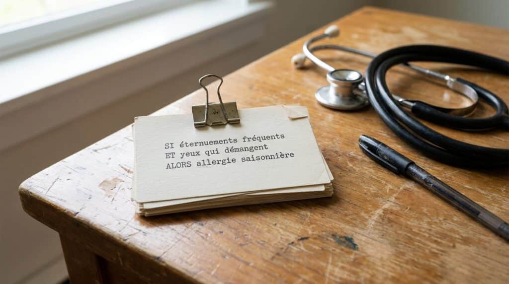 Notes médicales sur une table en bois avec un stéthoscope à côté.
