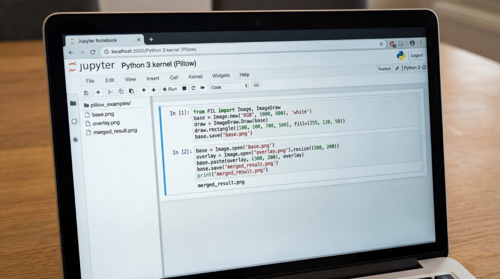 Écran d'ordinateur portable affichant un environnement de développement Jupyter avec du code Python.