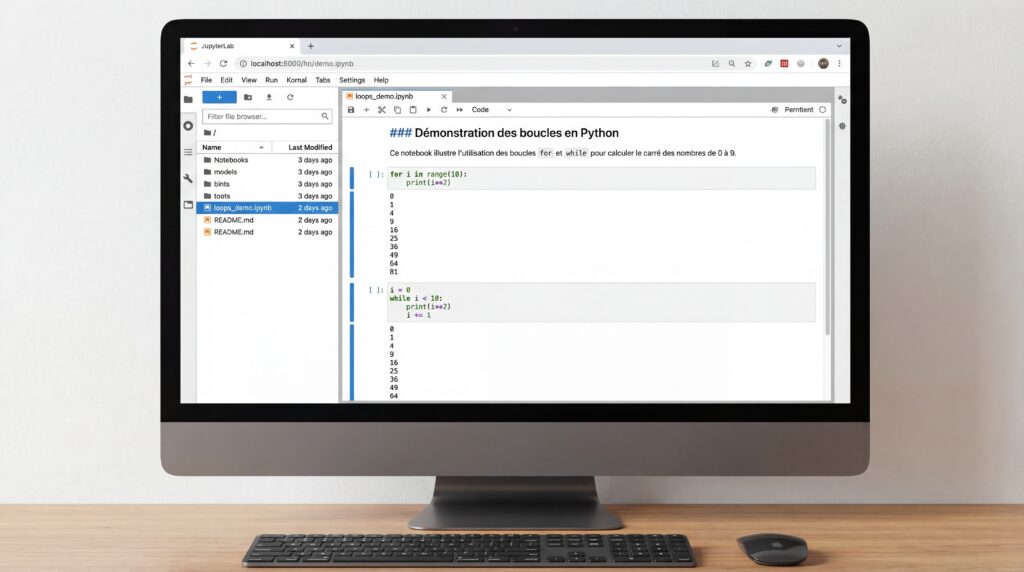 Écran d'ordinateur affichant un éditeur de code avec des lignes de programmation sur un bureau en bois.