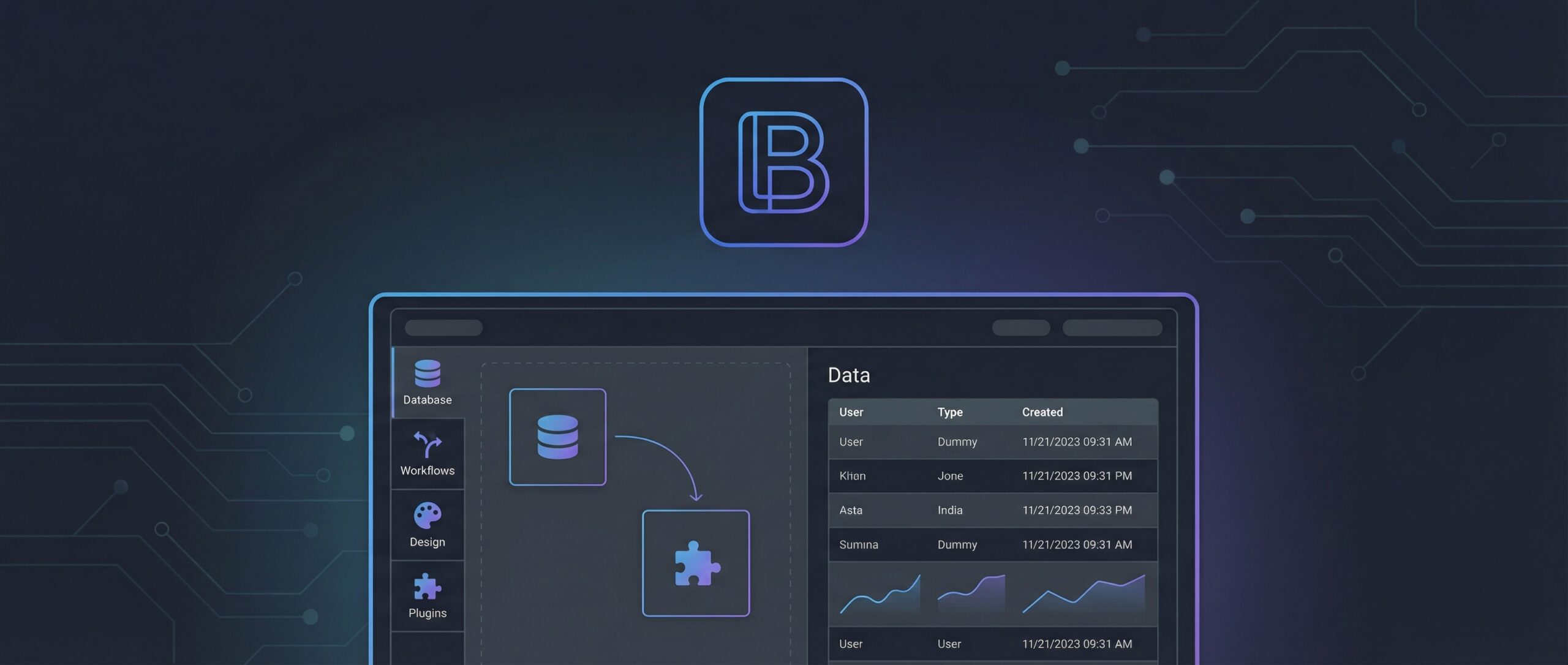Interface visuelle d'un outil no code montrant des fonctionnalités d'analyse de données.