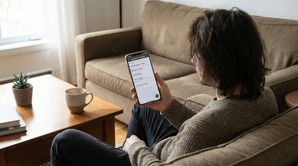 Une personne assise sur un canapé regardant son smartphone dans un salon lumineux.