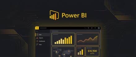 Interface Power BI affichant des graphiques et des données analytiques sur un fond sombre.