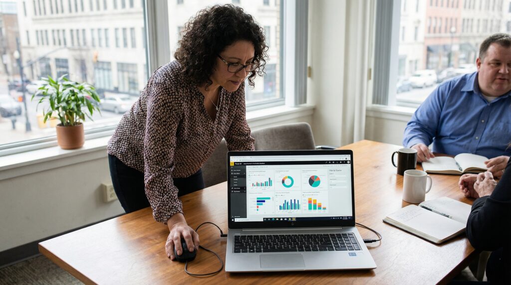 Femme présentant des graphiques sur un ordinateur portable lors d'une réunion au bureau.