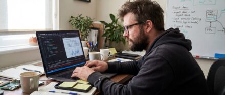 Un développeur travaillant sur un projet Python sur son ordinateur portable, entouré de notes et de tasses de café.