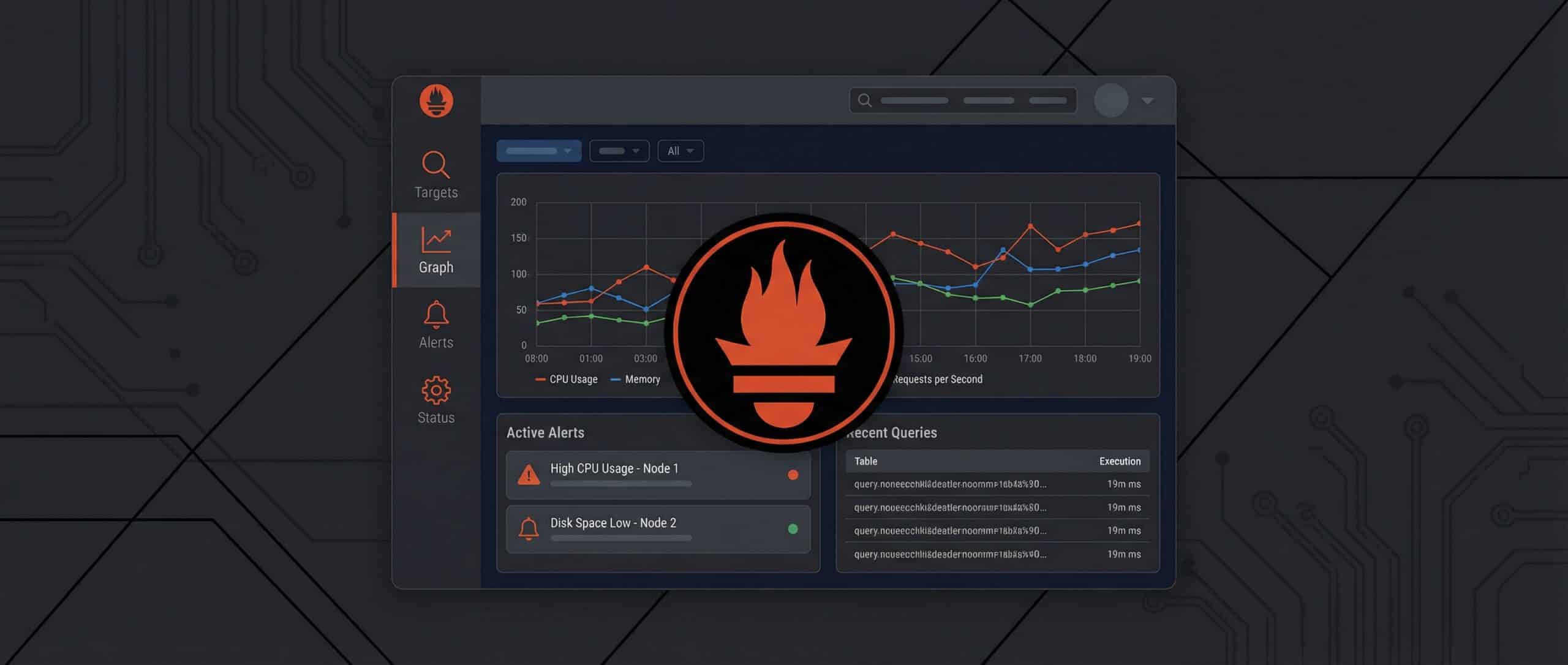 Interface de monitoring avec graphique montrant les performances du système et le logo de Prometheus.