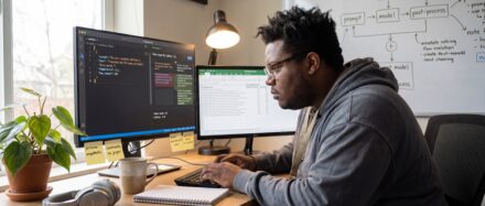 Personne travaillant sur un ordinateur avec des écrans affichant du code et des notes, illustrant le métier de prompt engineer dans le domaine de l'intelligence artificielle.