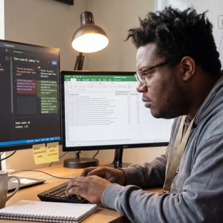 Personne travaillant sur un ordinateur avec des écrans affichant du code et des notes, illustrant le métier de prompt engineer dans le domaine de l'intelligence artificielle.