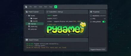 Interface de PyGame montrant l'éditeur de code pour la création de jeux vidéo en 2D avec des éléments graphiques colorés.