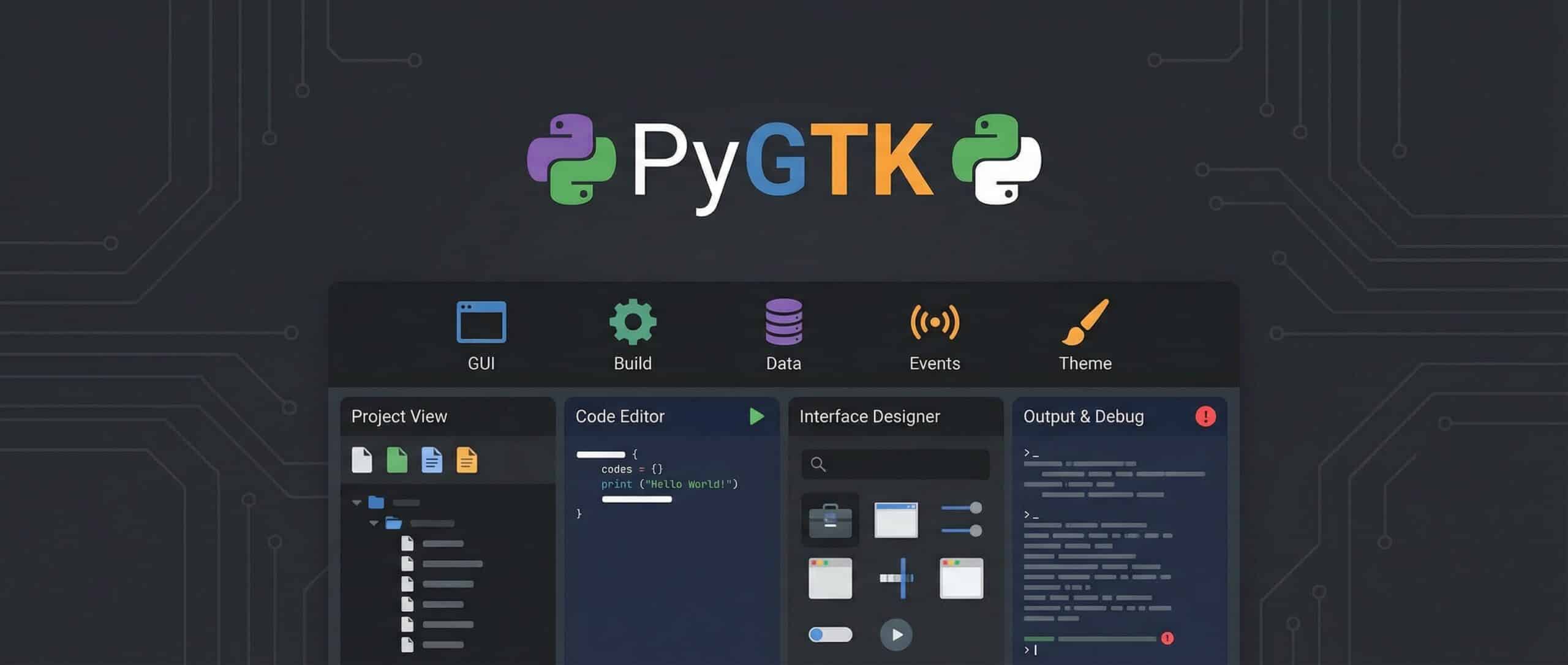 Capture d'écran de PyGTK montrant l'interface de création graphique avec des outils et options accessibles.