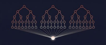 Illustration d'un modèle de forêt aléatoire avec plusieurs arbres de décision interconnectés.