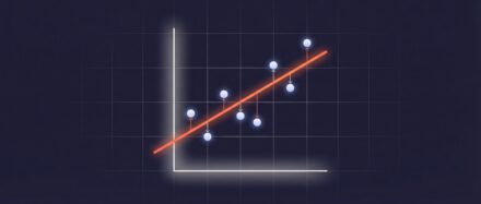 Graphique illustrant une régression linéaire avec un ensemble de points de données et une ligne de tendance rouge sur fond sombre.