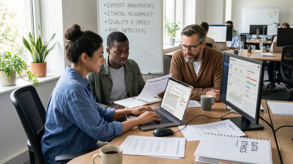 Trois collègues lors d'une réunion, discutant autour d'un ordinateur portable avec des documents de projet sur la table.