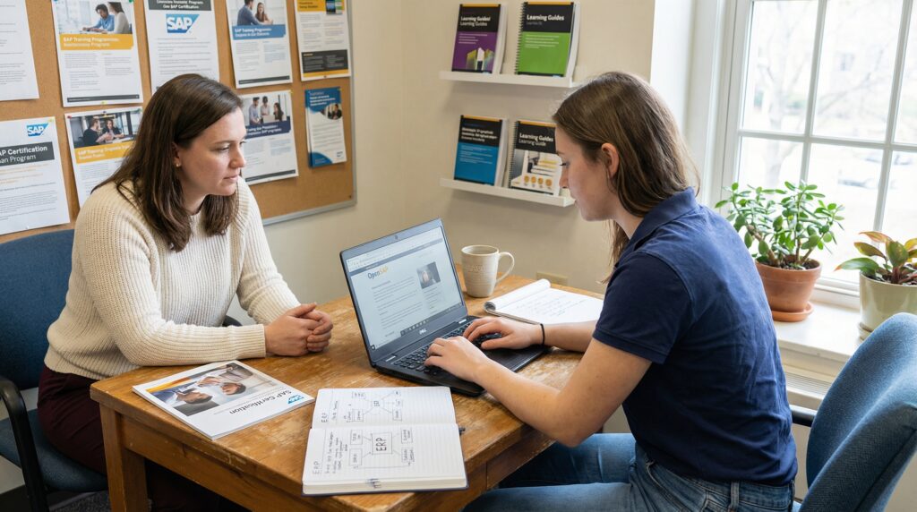 Deux étudiantes discutant autour d'une table avec un ordinateur portable et des documents.