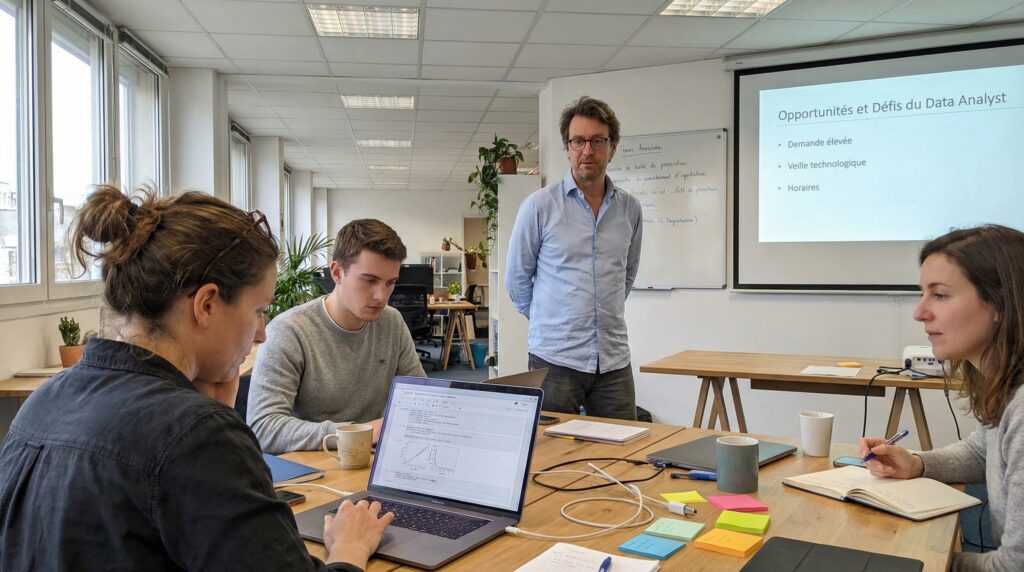 Quatre personnes en réunion autour d'une table, avec un ordinateur et des notes, discutant d'un projet dans un bureau lumineux.