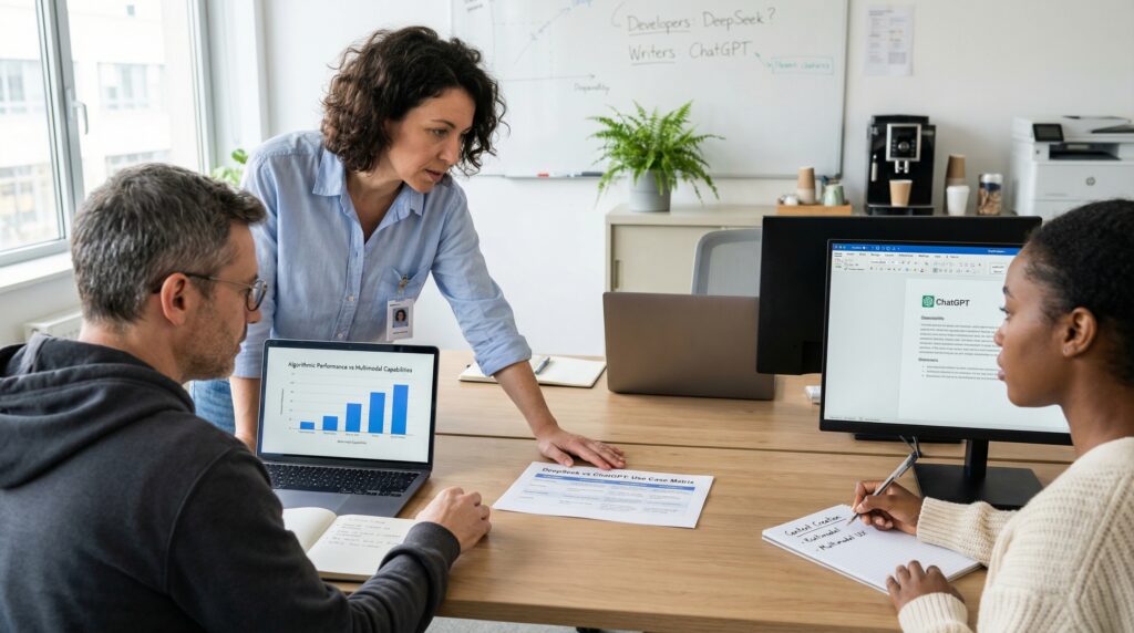 Trois personnes en réunion de travail analysant des graphiques de données sur un ordinateur portable et un document imprimé.