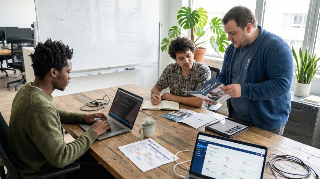 Un groupe de trois personnes en réunion de travail autour d'une table, avec des ordinateurs portables et des documents, discutant d'un projet.