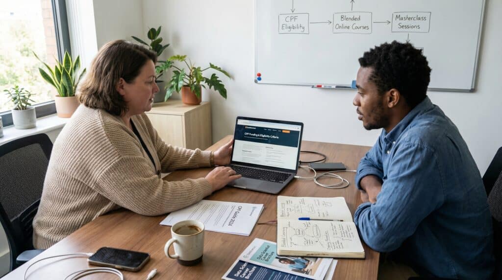 Deux collègues discutant devant un ordinateur portable dans un bureau, avec des documents et une tasse de café sur la table.