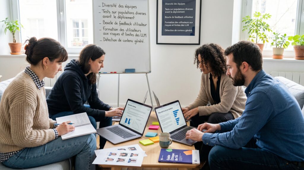 Quatre personnes collaborant lors d'une réunion dans un bureau, avec des ordinateurs portables et des notes sur la table.