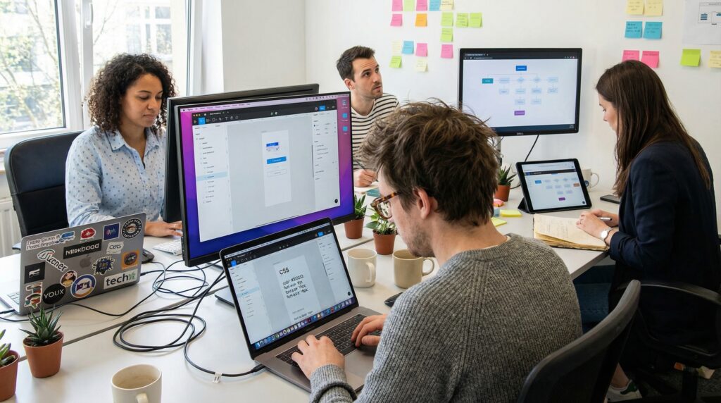 Groupe de collègues discutant autour de leurs ordinateurs lors d'une réunion de travail dans un bureau moderne.