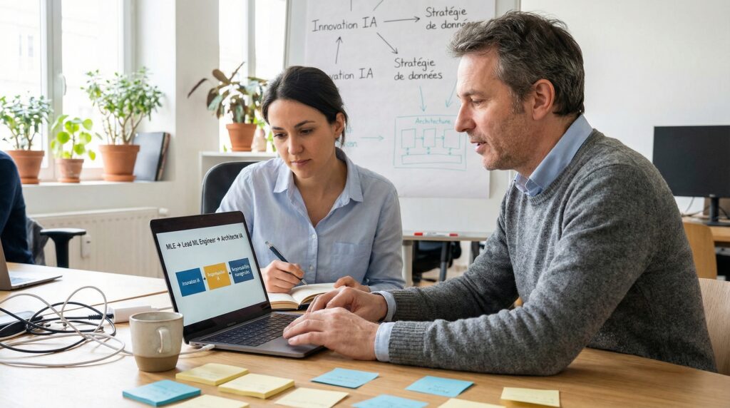 Deux collègues discutant autour d'un ordinateur portable, avec des post-it sur la table, illustrant un environnement de travail collaboratif.