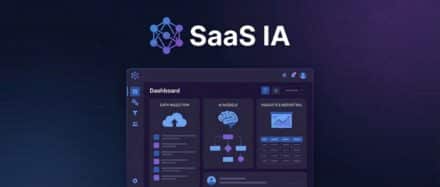 Tableau de bord d'une application SaaS IA montrant des graphiques et des icônes liés à l'intelligence artificielle.