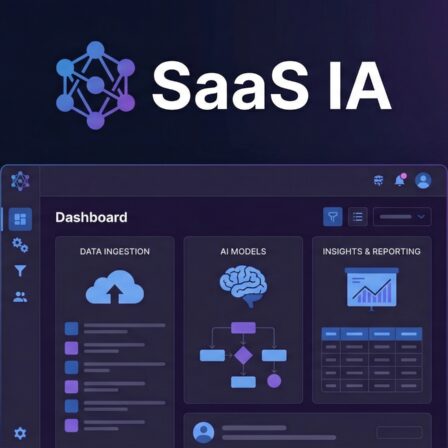 Tableau de bord d'une application SaaS IA montrant des graphiques et des icônes liés à l'intelligence artificielle.