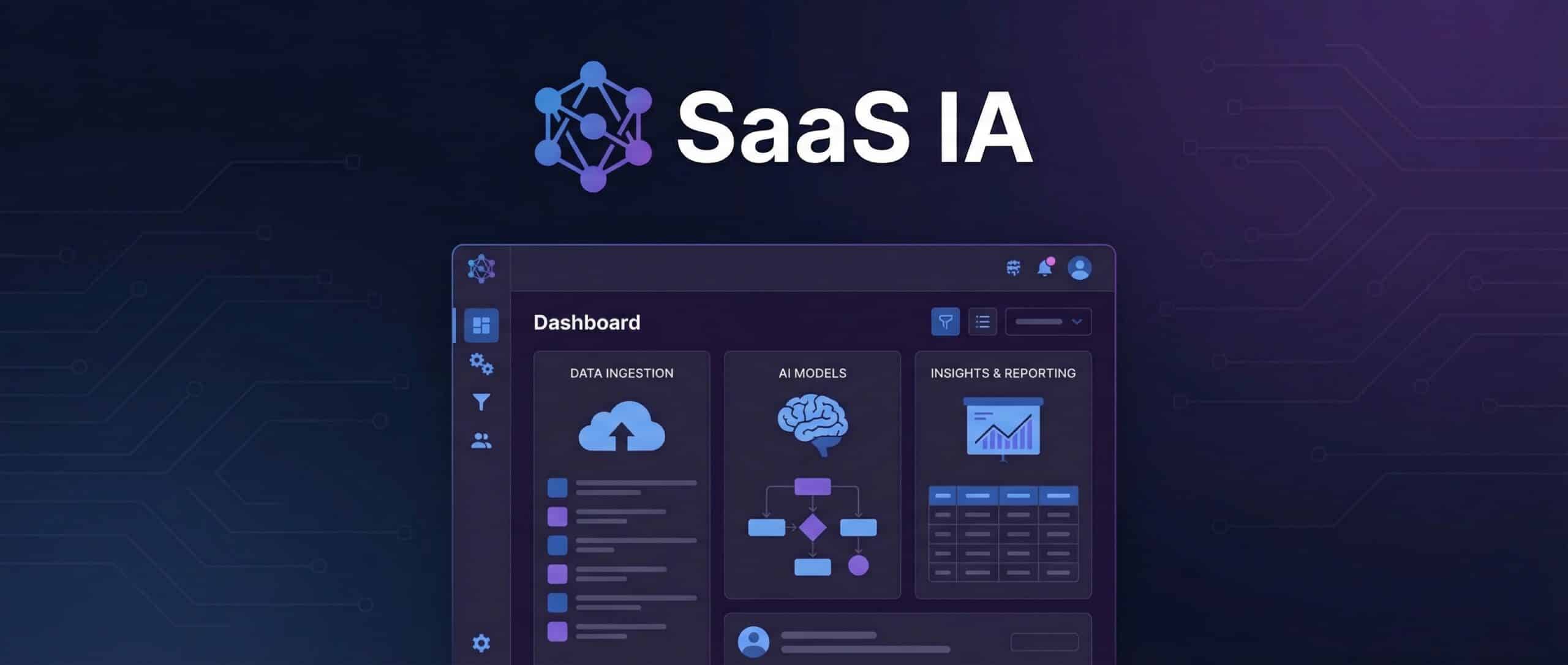 Tableau de bord d'une application SaaS IA montrant des graphiques et des icônes liés à l'intelligence artificielle.