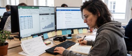 Analyste business travaillant sur deux écrans avec des graphiques et des tableaux en arrière-plan.