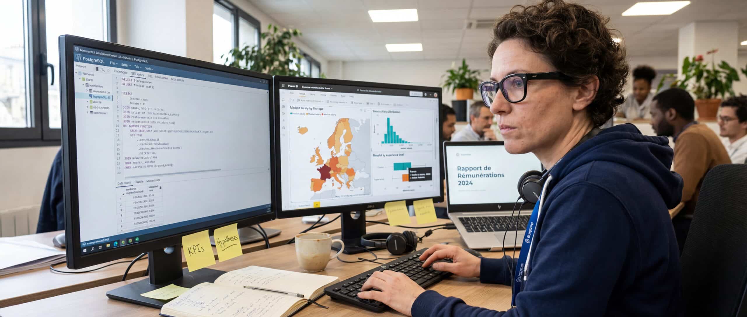 Une analyste de données travaillant sur des ordinateurs avec des graphiques de revenus et une carte de l'Europe.